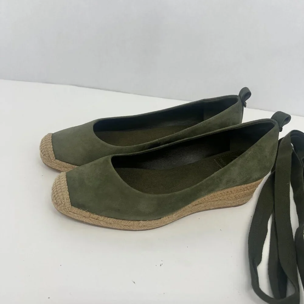 Tory Burch Heather Espadrille Ankle Wrap Wedge Leccio Green Suede - Picture 4 of 12